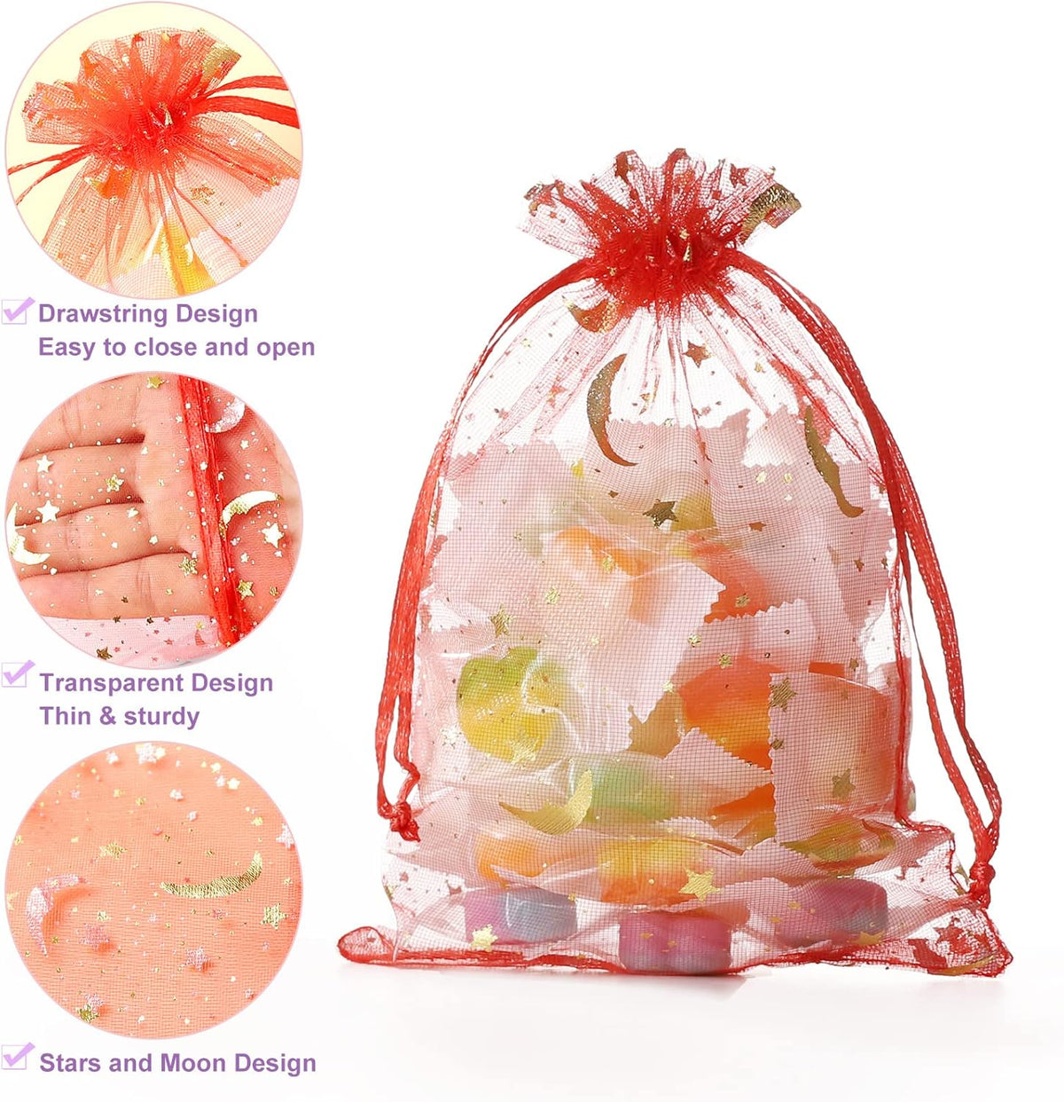 100PCS Moon Star Organza Bags, 4x6" Wedding Favors Bags with Drawstring, Mixed Color Little Mesh