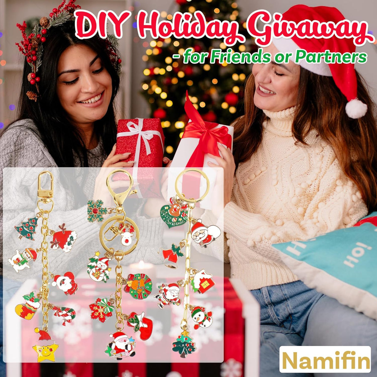 Namifin 374 Pcs Christmas Keychain Making Kit with Charms & Keychain Clips - DIY Bag Charms, Pearl