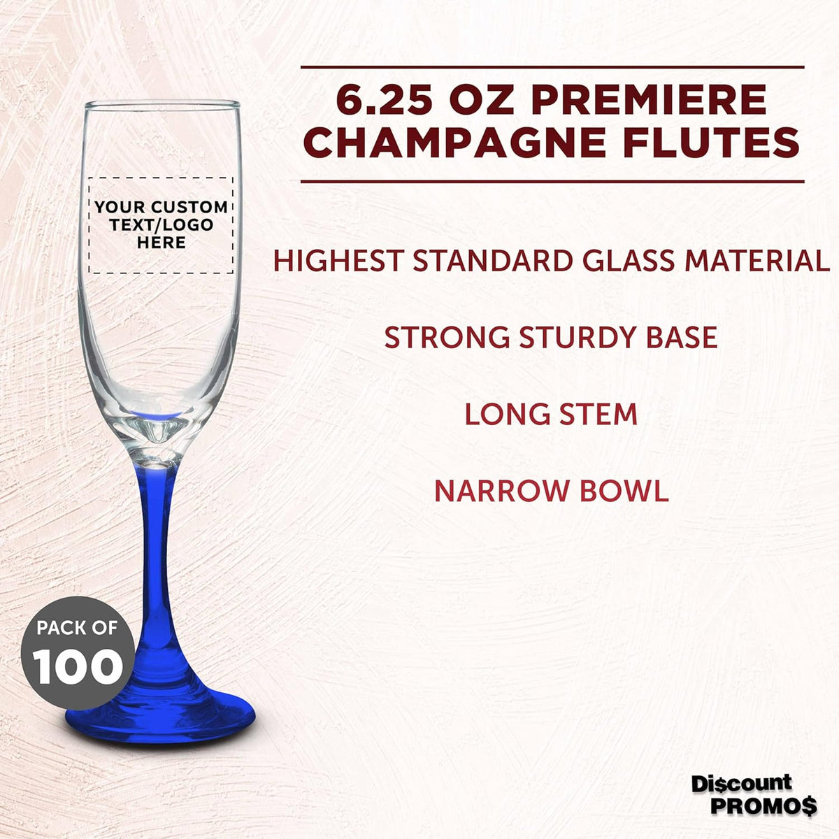 DISCOUNT PROMOS Custom Premiere Champagne Flutes 6.25 oz. Set of 100, Personalized Bulk Pack