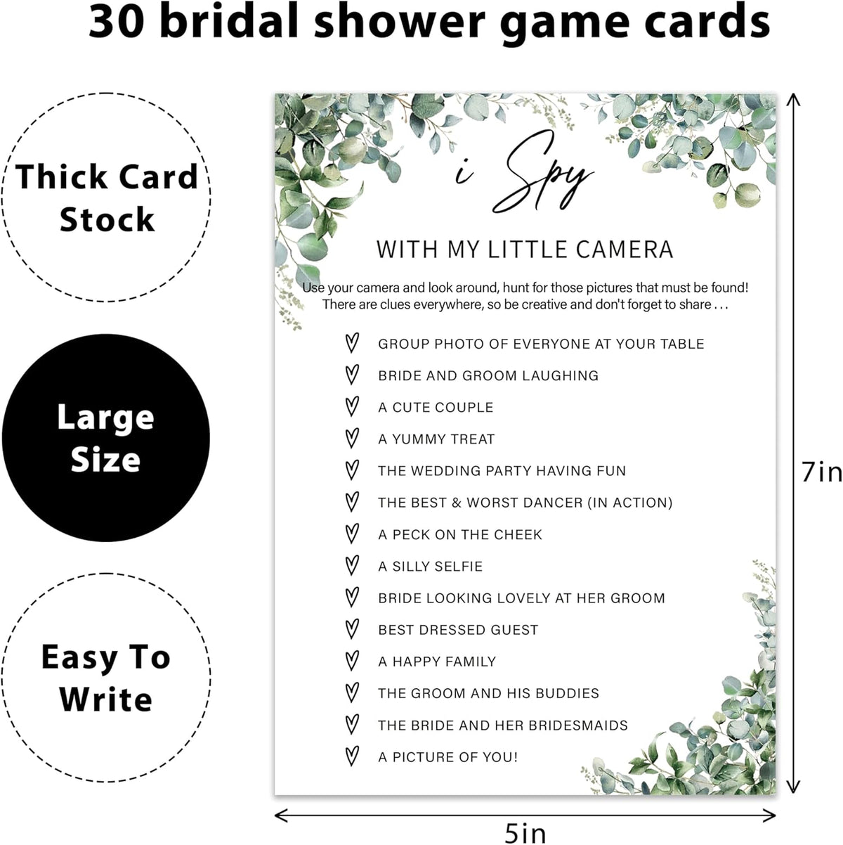 Eucalyptus Bridal Shower Game Cards - I Spy With My Little Camera, Wedding Engagement Bachelorette
