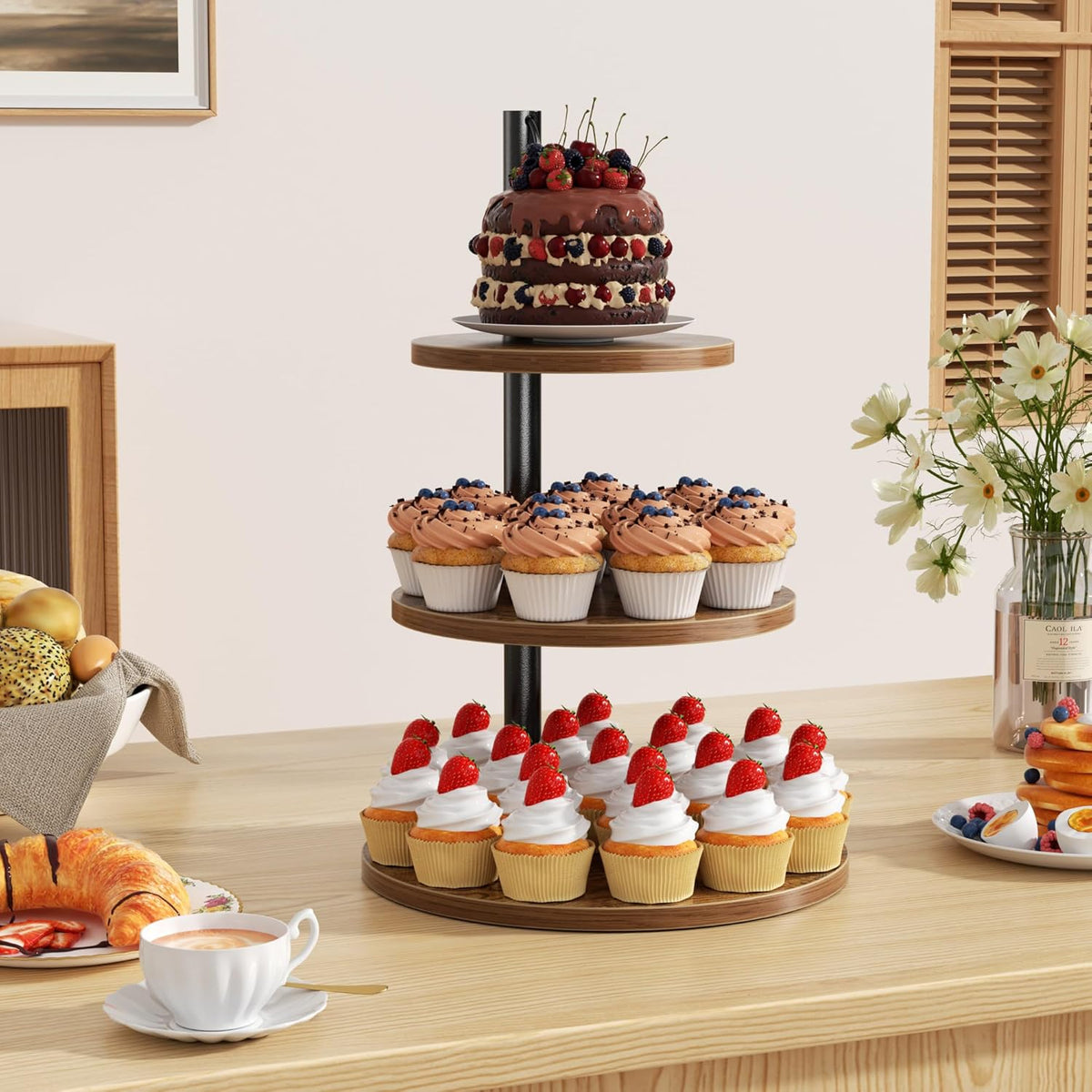 2 Packs Wooden Cupcake Stand, 3 Tier Large Cupcake Tower Stand 50 Cupcakes, Dessert Stand Cupcake