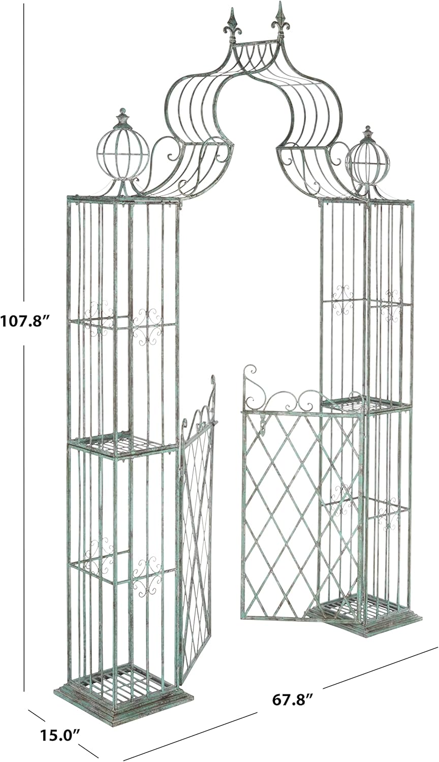 SAFAVIEH Outdoor Collection Beatrix Victorian Antique Dark Green Wrought Iron Trellis Garden Arch