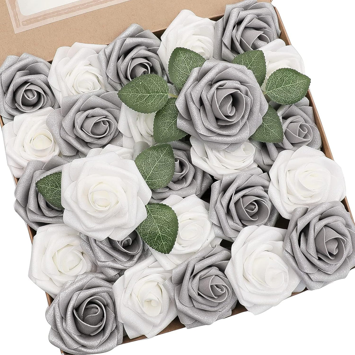 Floroom Artificial Flowers 50pcs Real Looking Shimmer Silver Grey Foam Fake Roses with Stems for