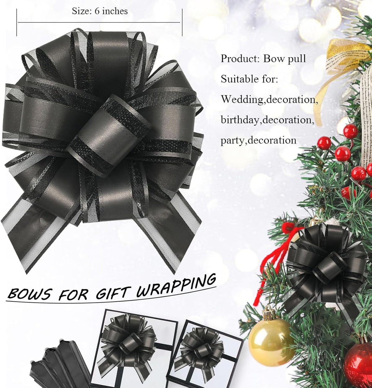 6 Pieces Large Pull Bows, 6 inches, Organza Fabric, Black, Wedding, Christmas, Birthday