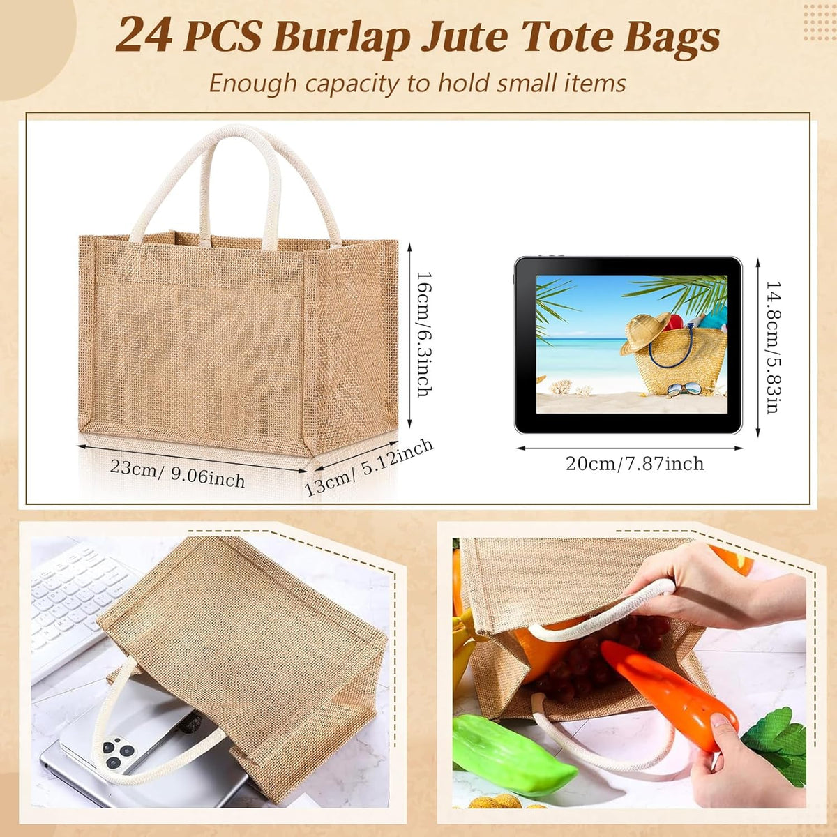 Cunno 24 Pcs Burlap Tote Bag Mini Jute Reusable Waterproof Bag with Handles Small Blank Canvas for