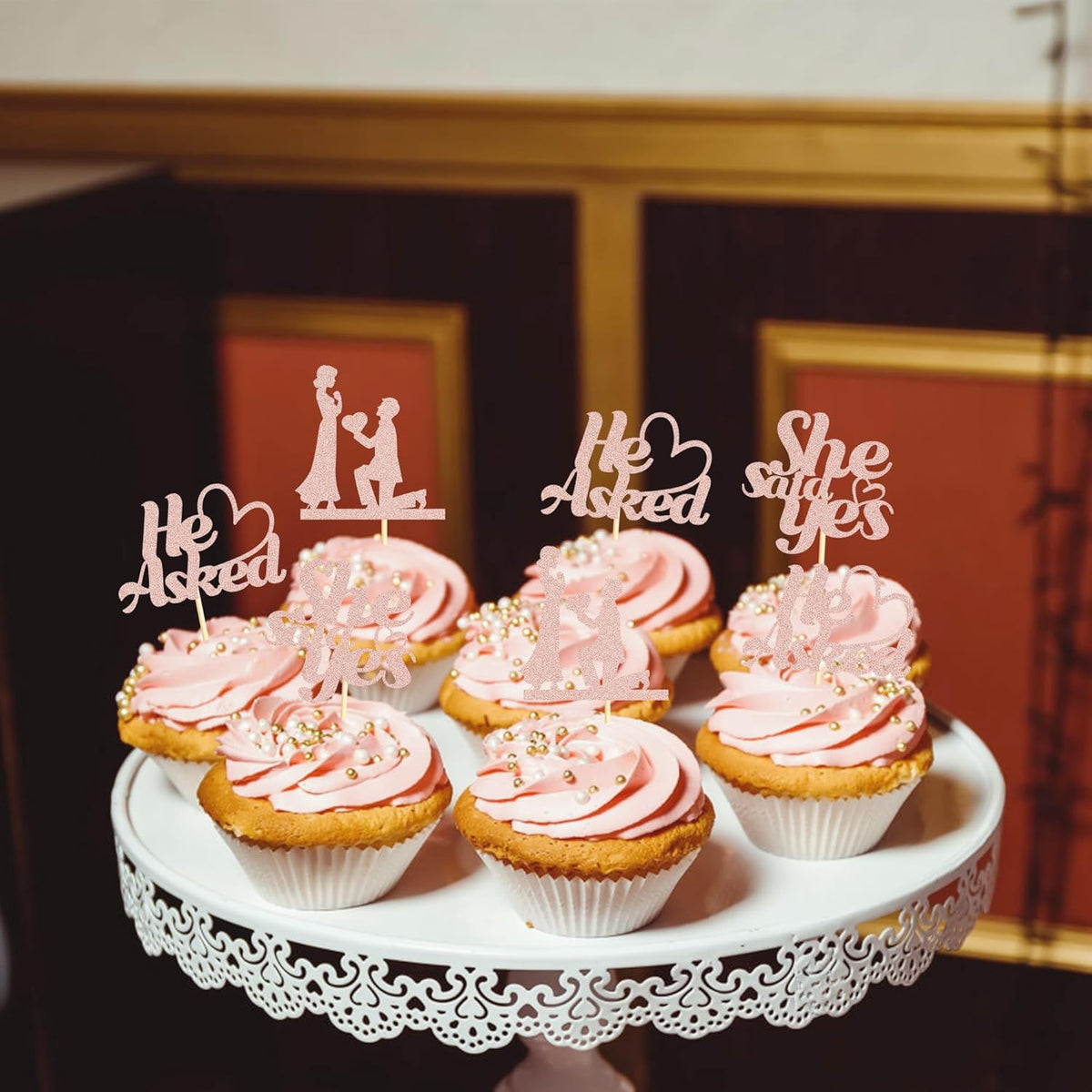 Sotpot 24PCS He Asked She Said Yes Cupcake Toppers With Heart Rose Gold Glitter for Wedding Bridal