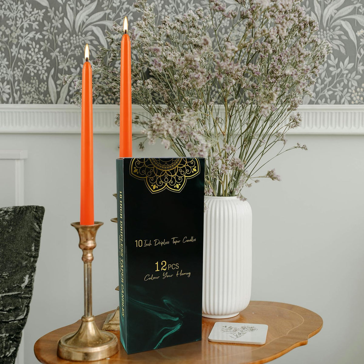 10 Inch Orange Slender Taper Candles Set - 12 Pcs Dripless, Smokeless with Cotton Wick, Ideal for