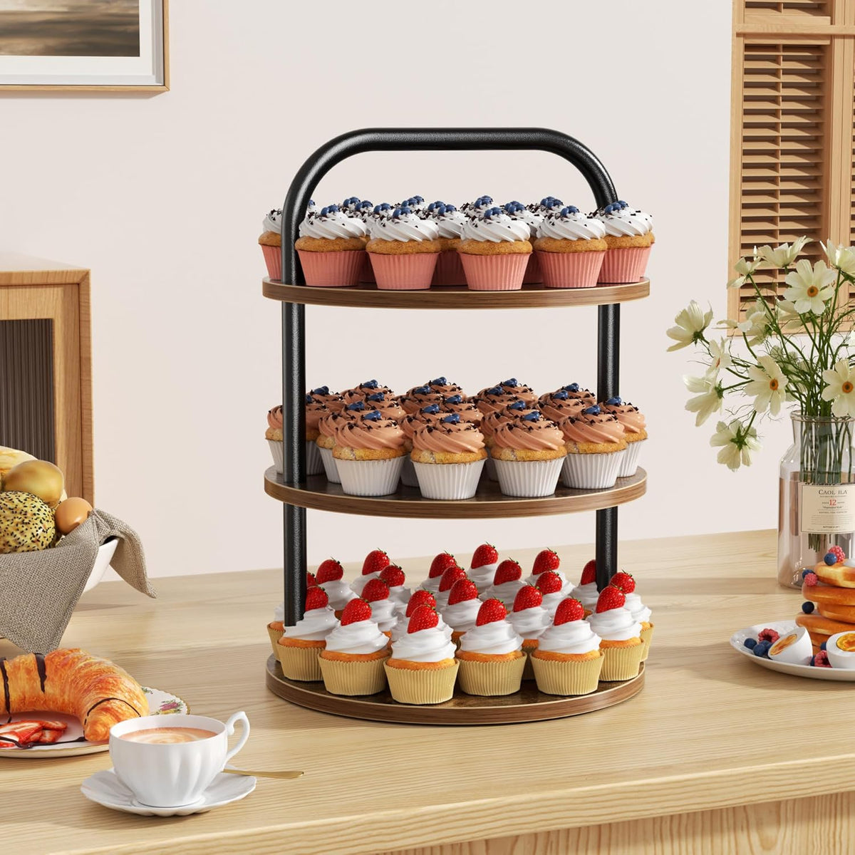 2 Pack Wooden Cupcake Stand, 3 Tier Large Cupcake Tower Stand 50 Cupcakes, Dessert Stand Cupcake