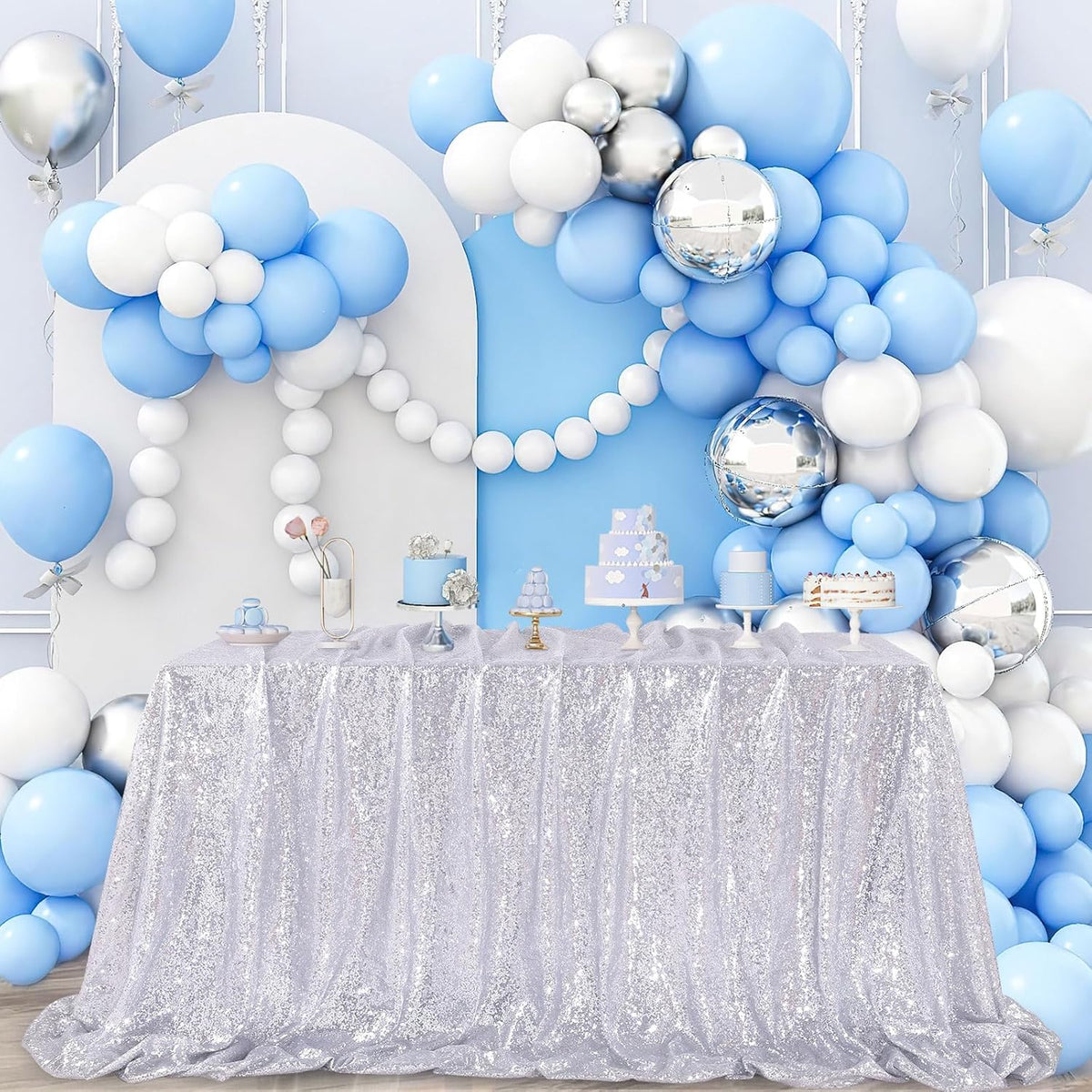 QueenDream Sequin Tablecloth Silver Rectangle Table Cloth - 50x80 Inch Glitter Fabric Overlay for