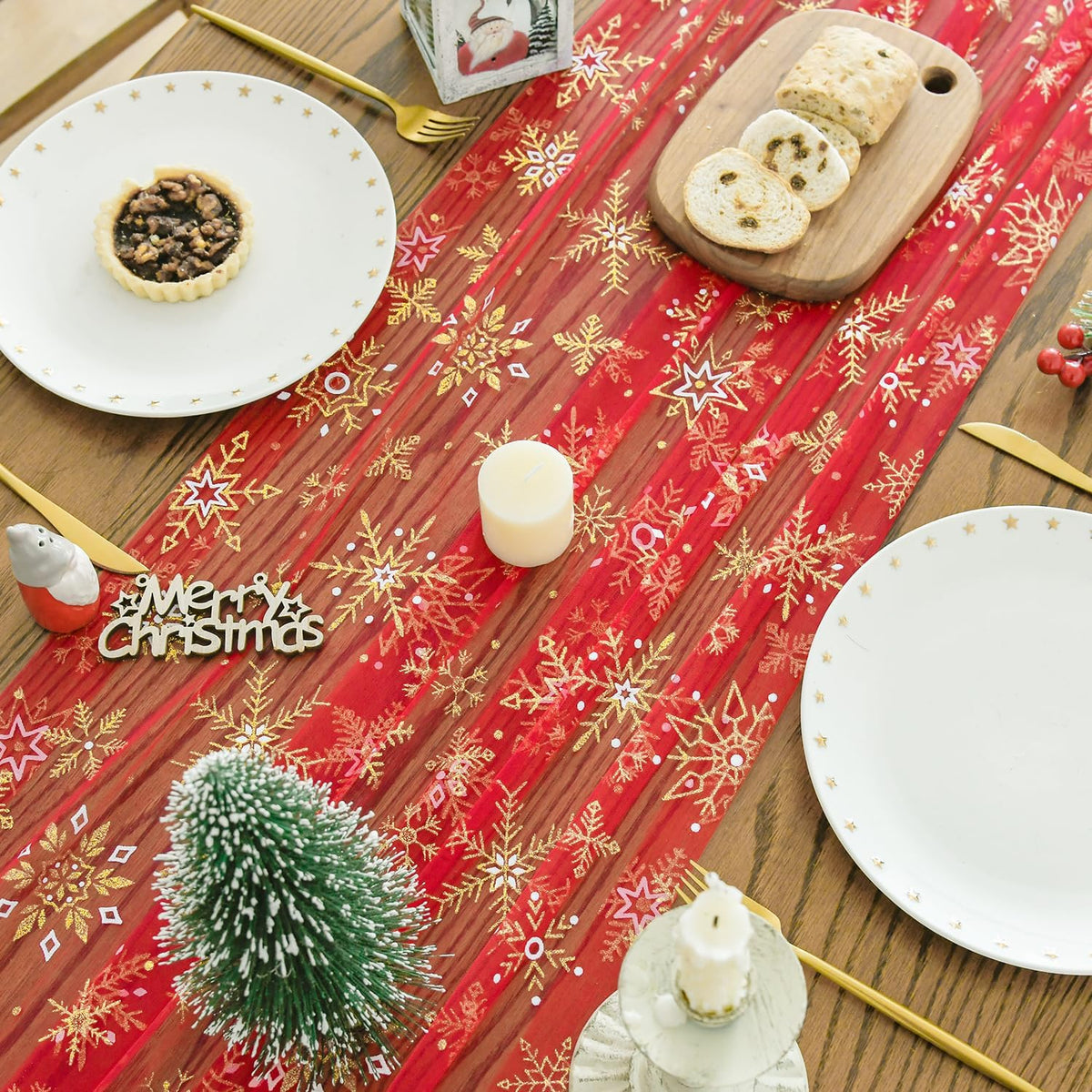 Artoid Mode Red Gold Snowflakes Christmas Gauze Table Runner 120 Inch 10FT, Winter Seasonal Sheer
