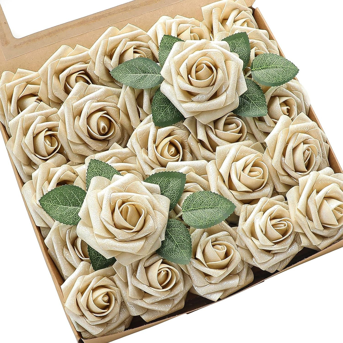 Floroom Artificial Flowers 25pcs Real Looking Champagne Gold Foam Fake Roses with Stems for DIY