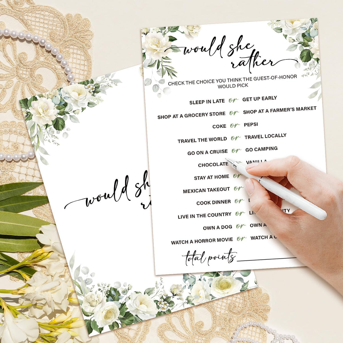 Eucalyptus Bridal Shower Games 30 Guests, Would She Rould Bridal Games for Showers, White Rose