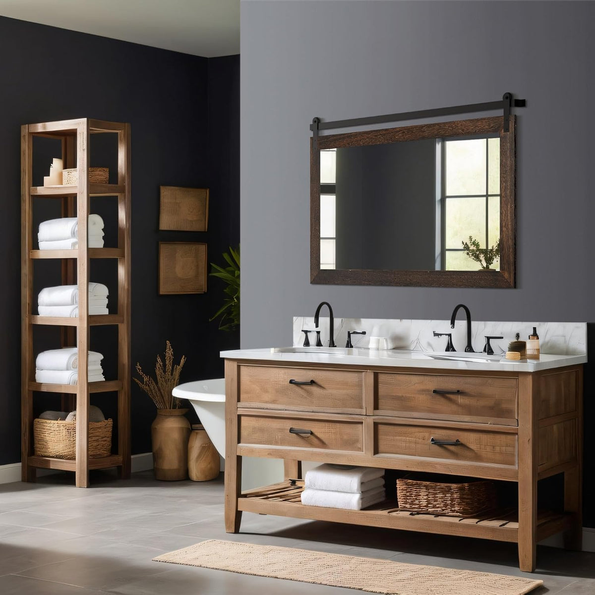 COGOOD Farmhouse Barn Door Mirror - 41 x 26 Rustic Wood Framed Wall Mirror for Bathroom, Living