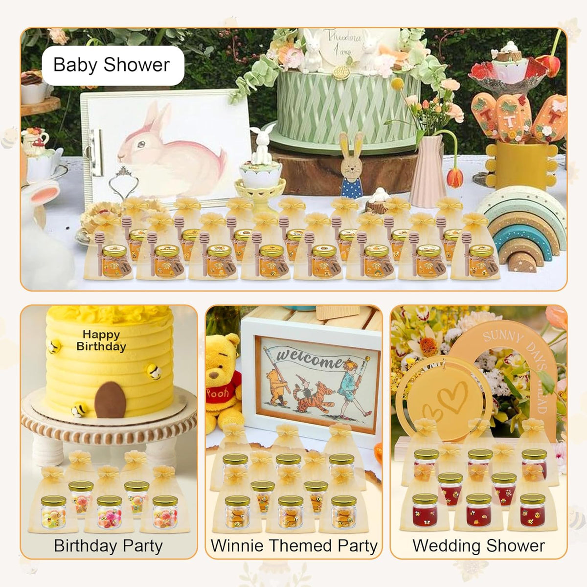 126 Pcs 1.5 oz Mini Round Glass Honey Jars with Dippers, Gold Lids, Bee Stickers, Bee Charms, Gift