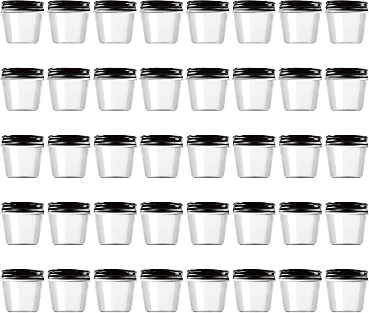 Novelinks 4 Ounce Plastic Jars with Black Lids - Refillable Round Clear Containers for Kitchen &
