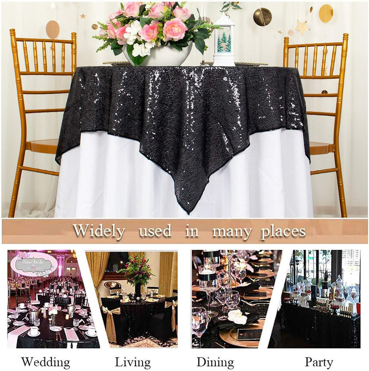 ShinyBeauty Black Tablecloths 36X36 Inch 2 Pieces Sequin Table Cloth for Party Sparkle Table Cloths