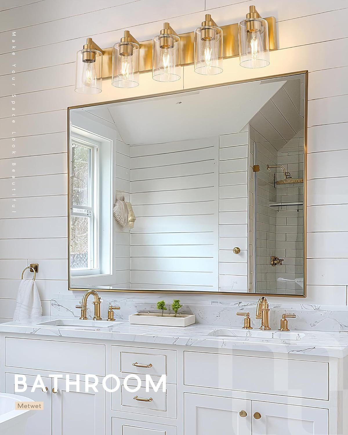 5-Light Bathroom Light Fixtures, 30 Inch Brushed Gold Vanity Light with Cylinder Clear Glass Shade