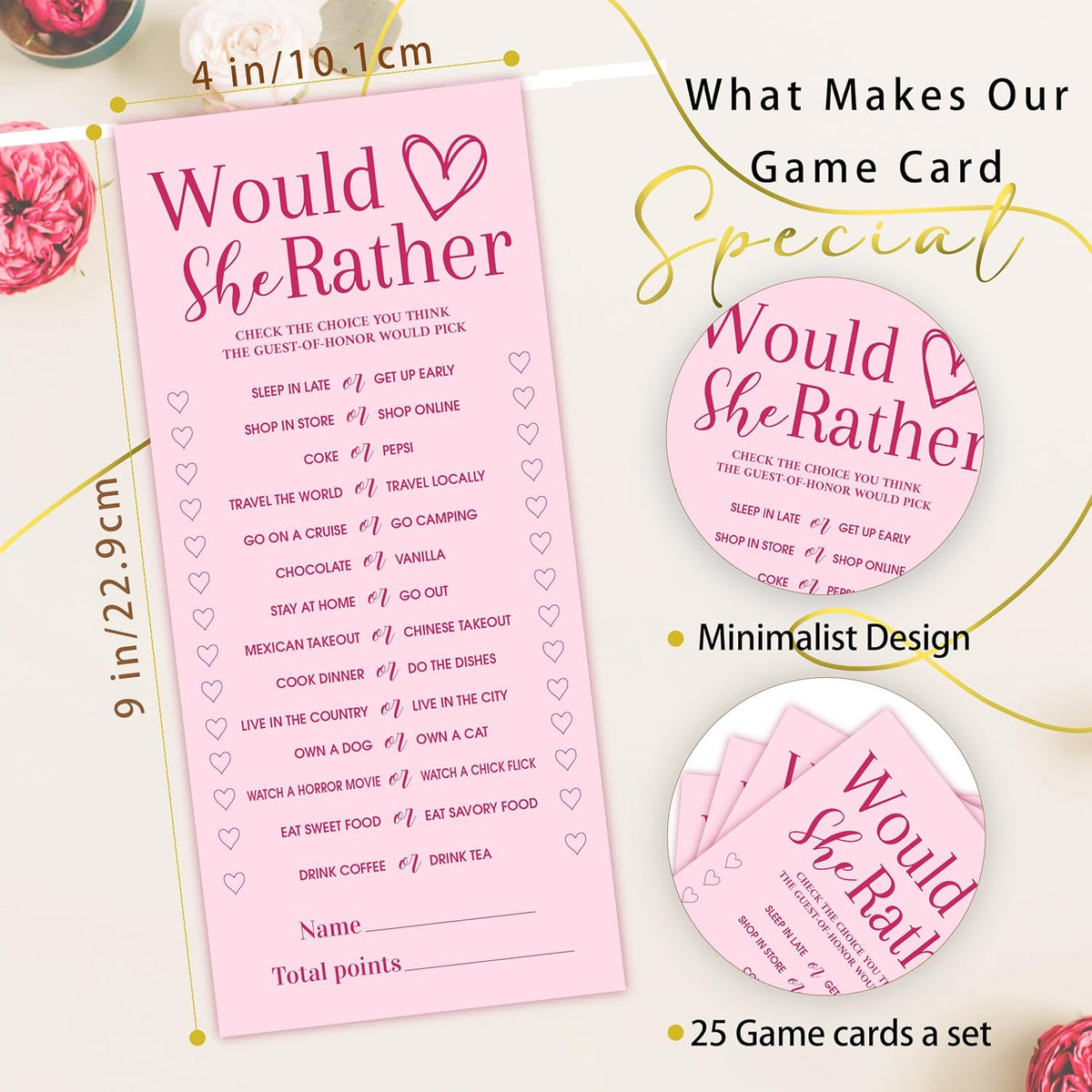 4x9 Inch Wedding Shower Games Cards, Would She Rather, Pink Bridal Shower Games for 25 Guests