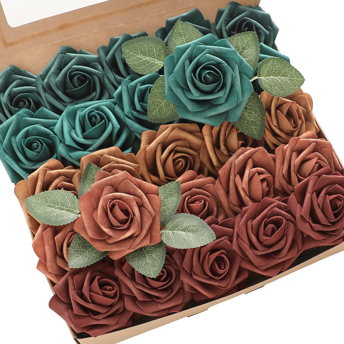 Floroom Artificial Flowers 25pcs Real Looking Teal Green Terracotta Ombre Colors Foam Fake Roses