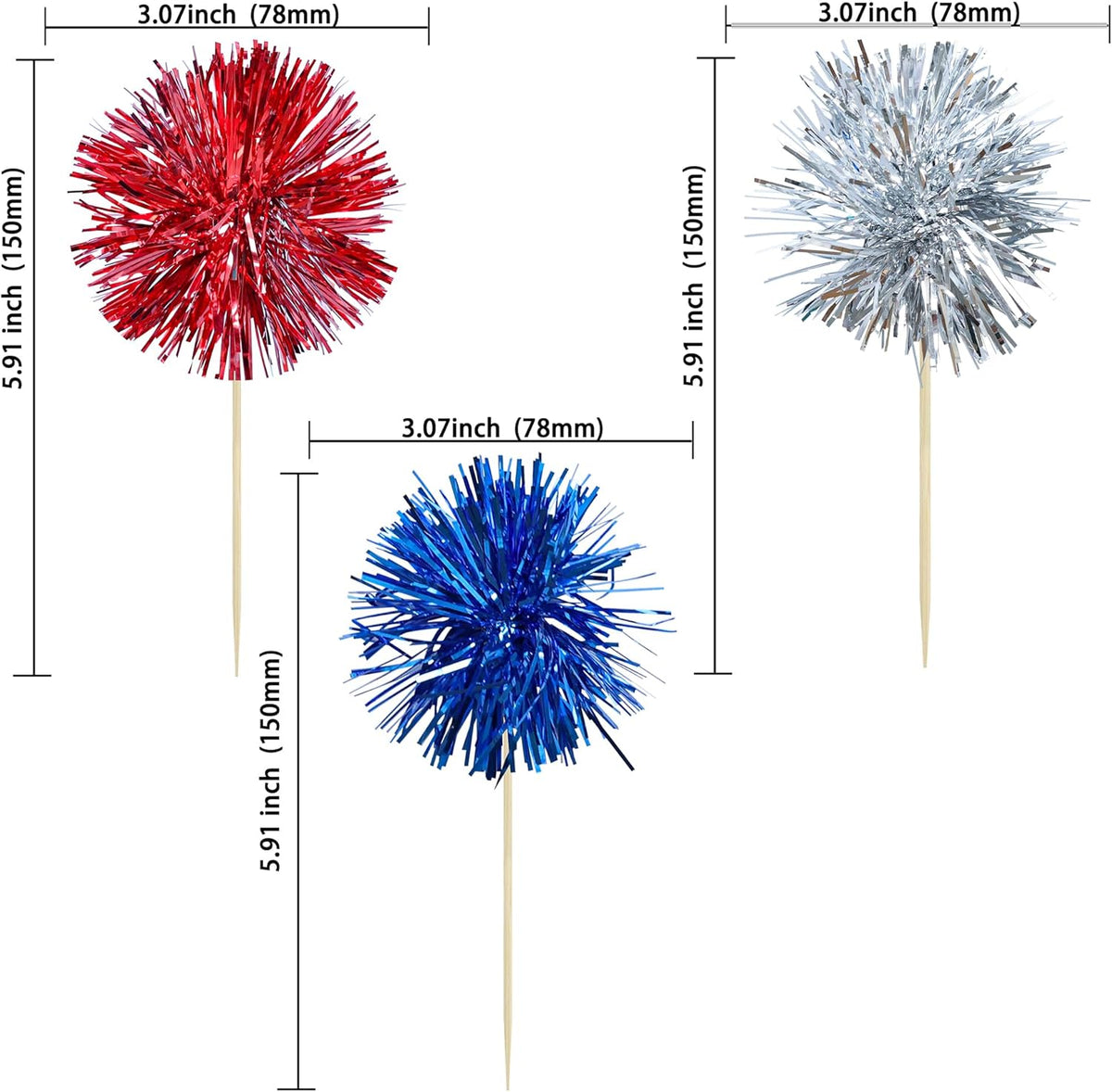 Ephlyn 30Pcs Foil Firework Cupcake Toppers Sparkle Tinsel Cupcake Picks Happy Birthday Cake Toppers