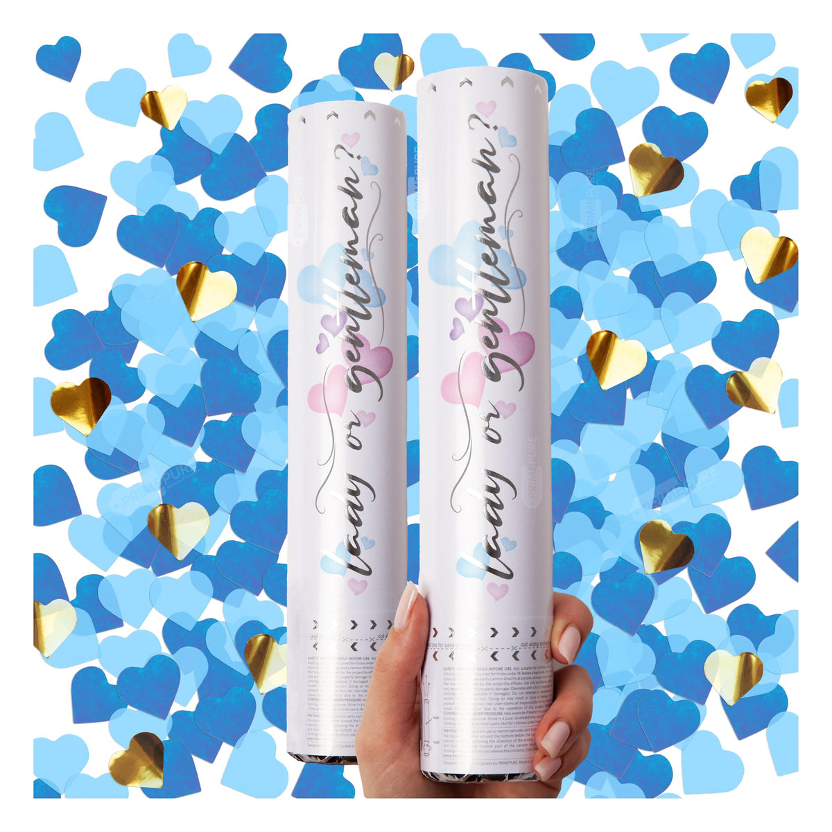 PrimePure Gender Reveal Confetti Cannon, Heart Shaped, Blue Paper, 2 Pack