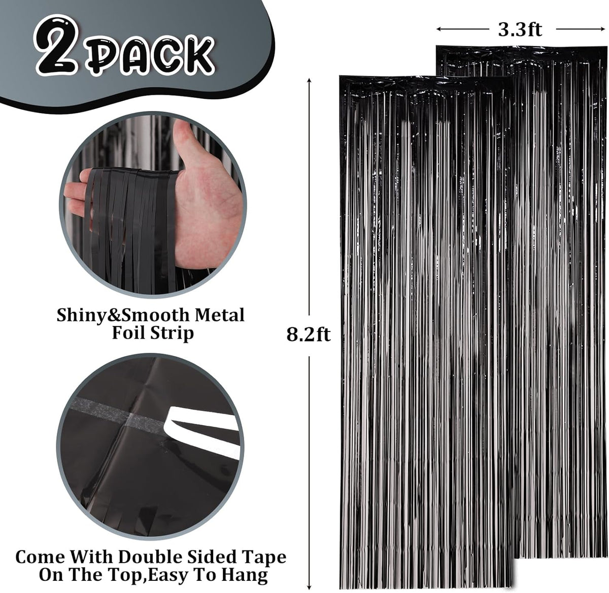 2 Pack Black Foil Fringe Backdrop Curtains, Tinsel Streamers Birthday Party Decorations, Fringe