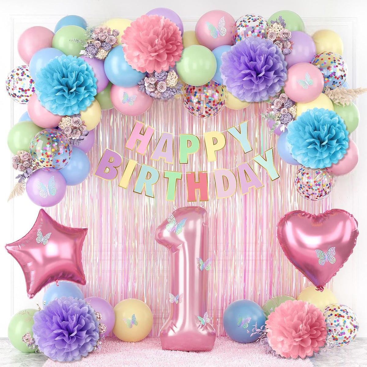 Pastel 1st Birthday Party Decorations for Girls Number 1 Balloon Happy Birthday Banner Butterfly