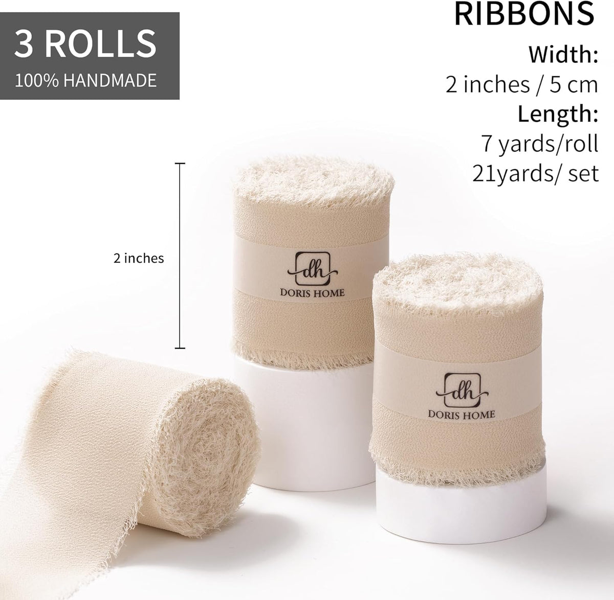 DORIS HOME Sand Chiffon Ribbon for Flower Bouquet, 2" x21Yd Fabric Ribbon for Gift Wrapping
