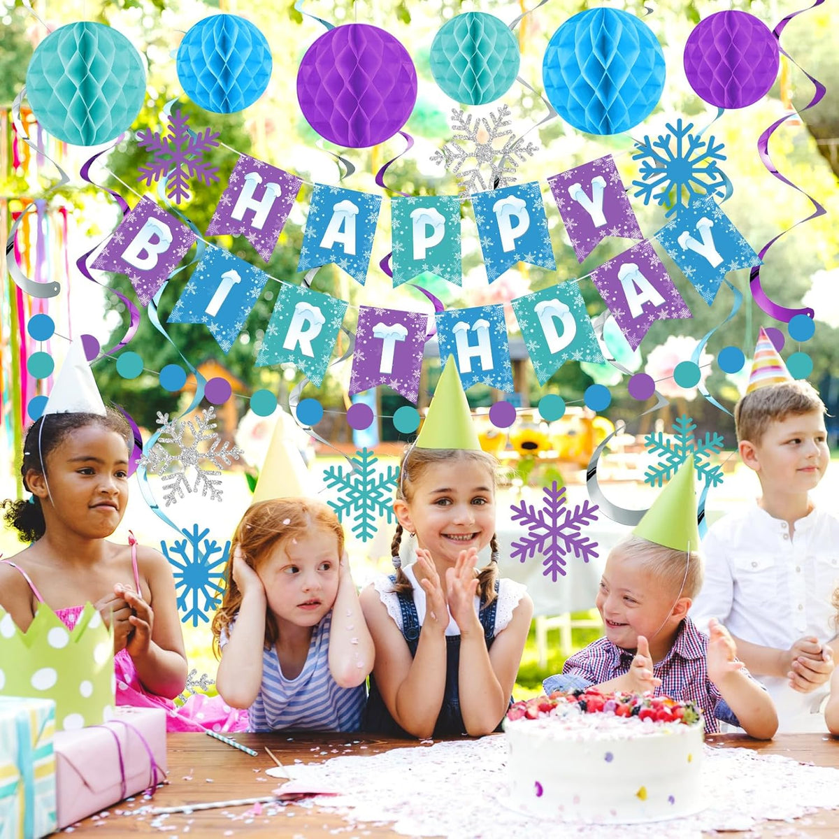 Funrous Snowflake Birthday Decorations Happy Birthday Banner Snowflake Hanging Swirls Honeycomb