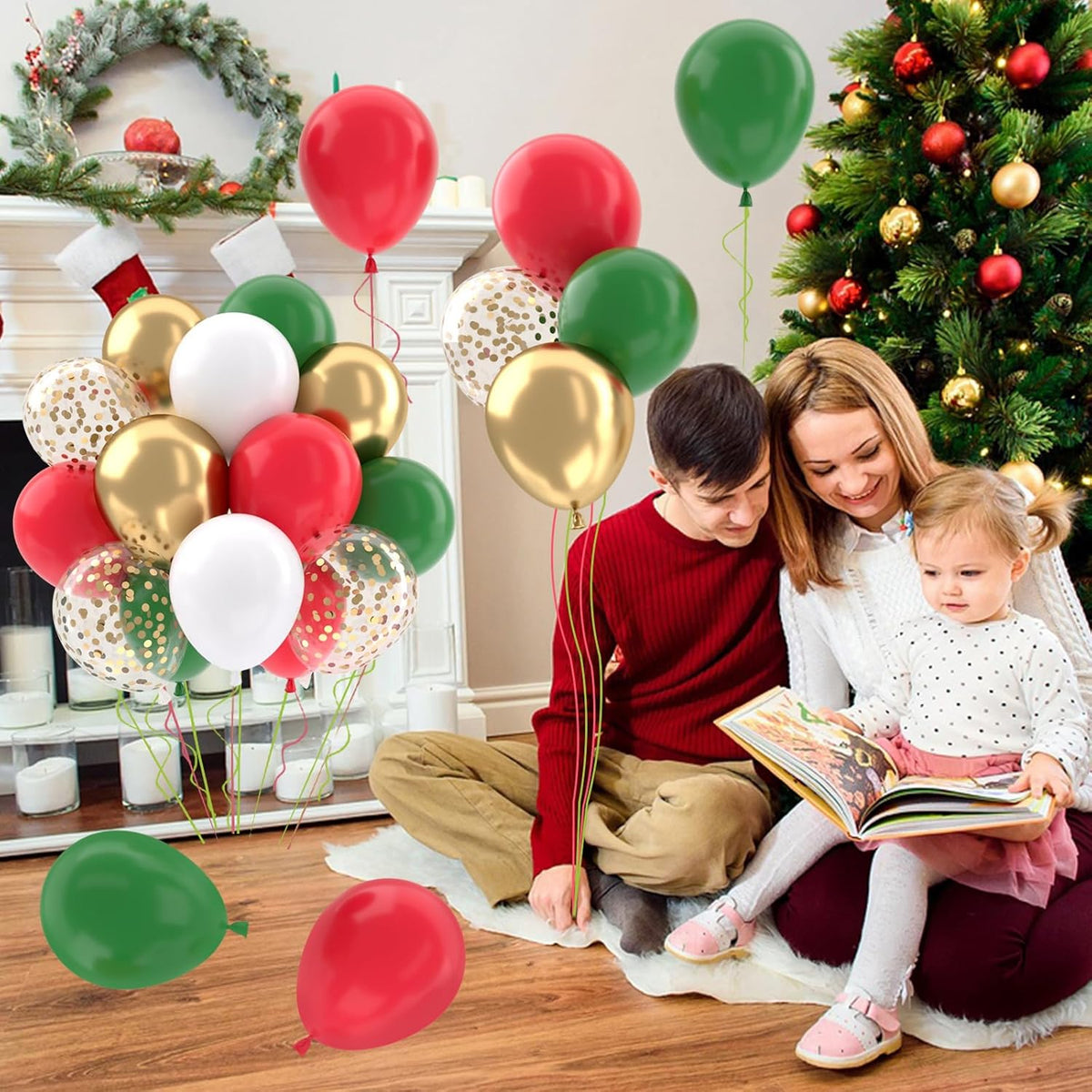 Patimate Red and Green Christmas Balloons Set, 50 pcs 12 inch Metallic Gold Green Red White