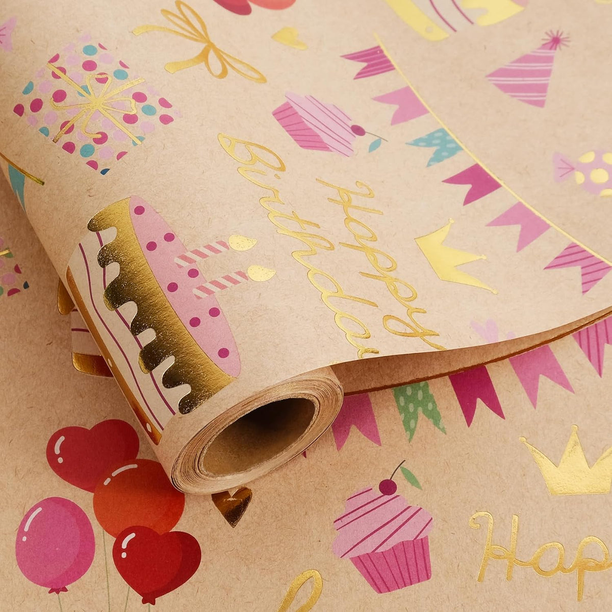 Aimyoo Birthday Wrapping Paper Roll - 17 Inch X 16.4 Feet - Gold Foil Celebration Cake, Gift