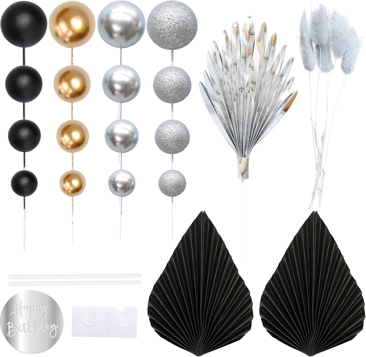 Ephlyn 33 Pack Balls Cake Toppers Boho Palm Leaves Cake Decorations Round Acrylic Happy Birthday