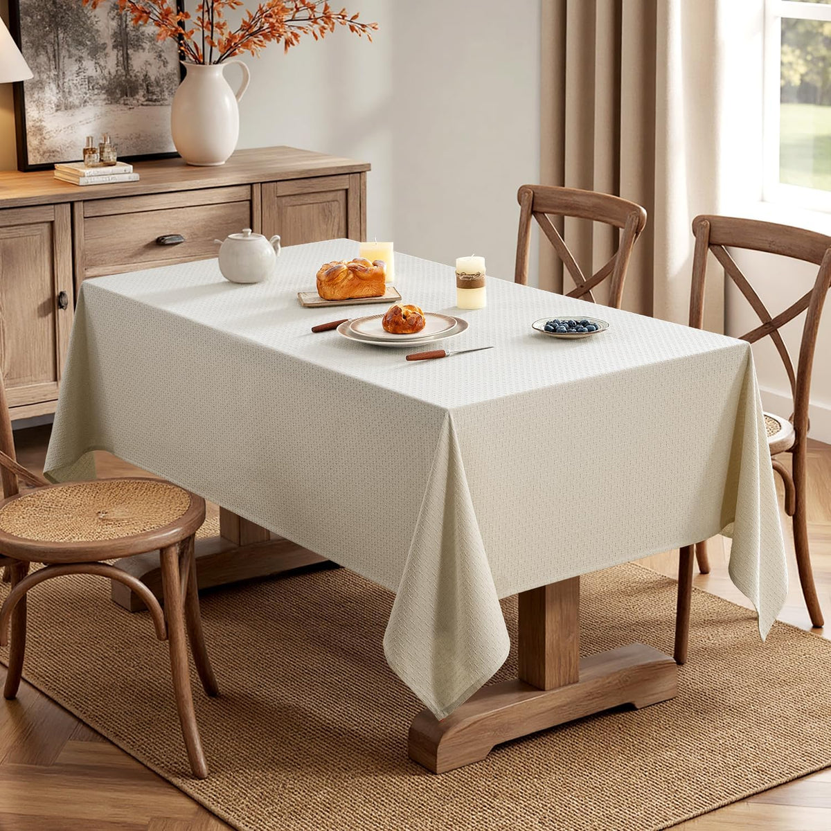 MIULEE Natural Linen Cottton Table Cloth Rectangle Tablecloth Waterproof Spillproof Cross-Star