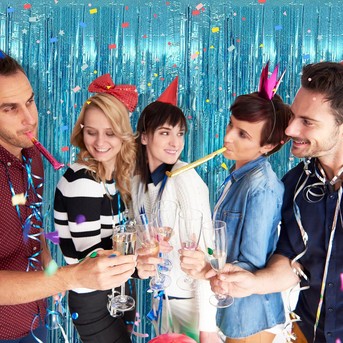 2 Pack Blue Streamers Party Decorations Tinsel Foil Fringe Curtains Photo Booth Celebration