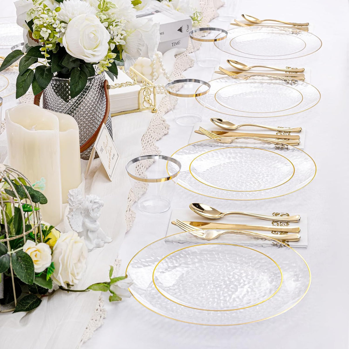 Rubtlamp 350 Pcs Clear Gold Plastic Plates, Hammered Disposable Dinnerware, Clear-Gold Plates Set