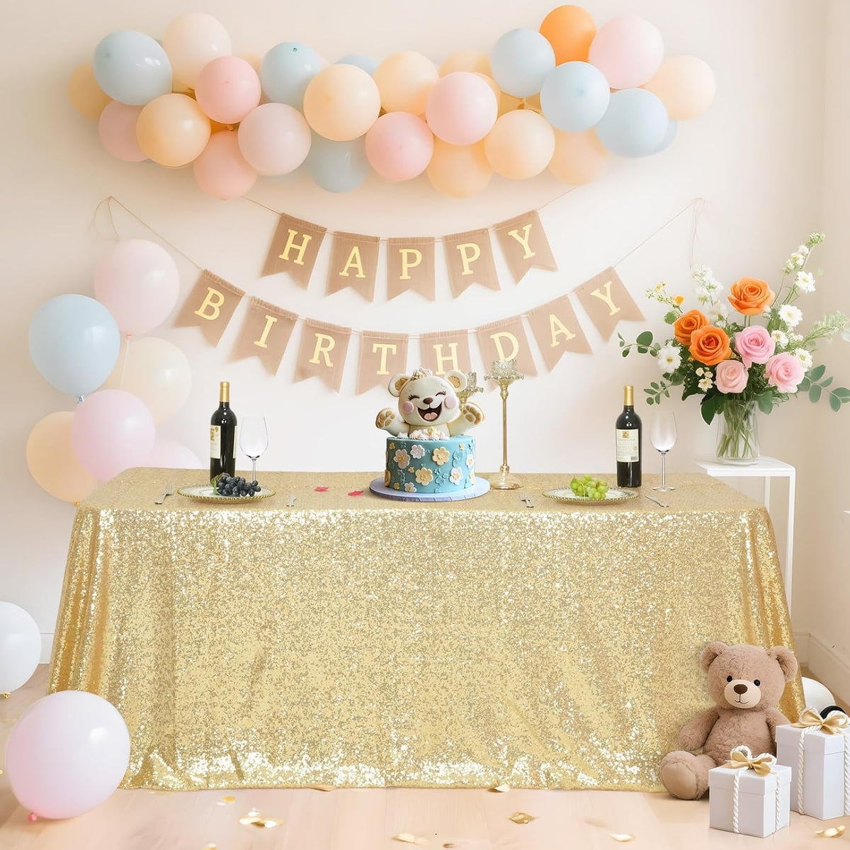 SquarePie Sequin Tablecloth 60 x 120 Inch Light Gold Reflect Lights Bling Sparkly Table Cloth for