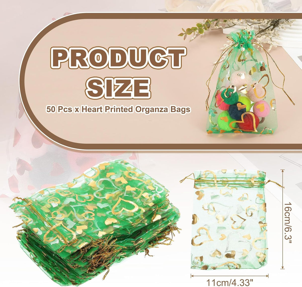 PATIKIL 50 Pcs 4x6 Inch Heart Printed Organza Bags, Green Sheer Heart Organza Bags with Drawstring