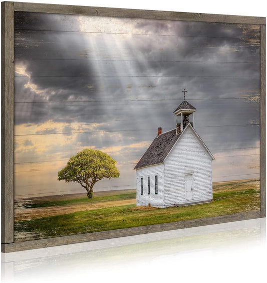 Wooden Barn Landscape Artwork Painting - Rustic Handcrafted Framed Countryside Picture Wall Art for