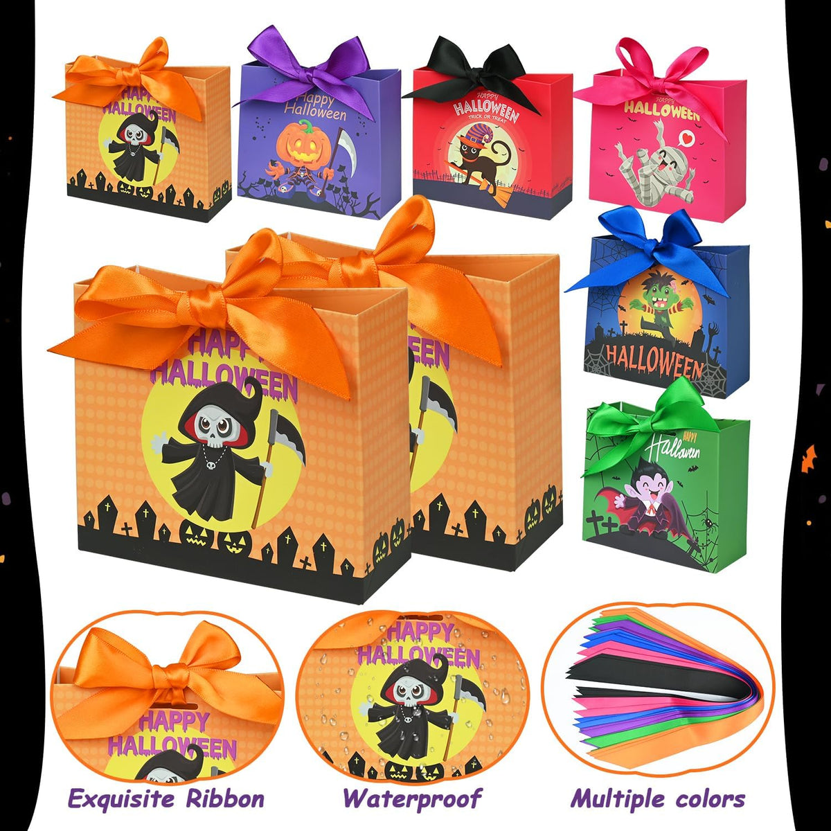 24PCS Halloween Goodies Bags, Trick or Treat Candy Gift Paper Bags Bulk with Ribbons, Halloween