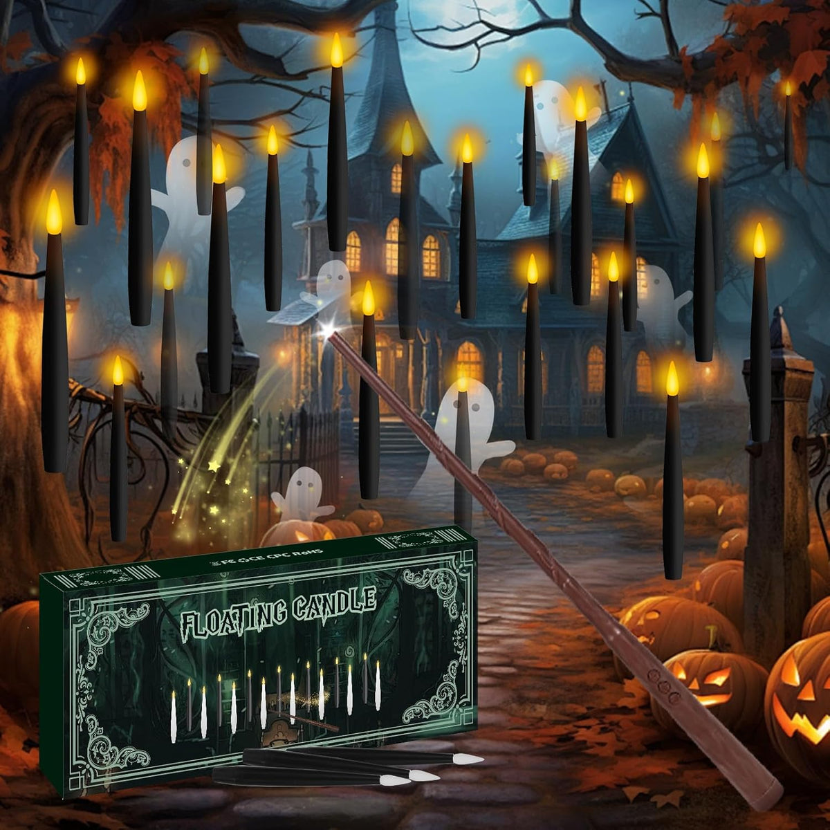 NURADA Floating Candles with Wand Remote Timer - 24 Pcs Magic LED Hanging Flameless Taper Candles