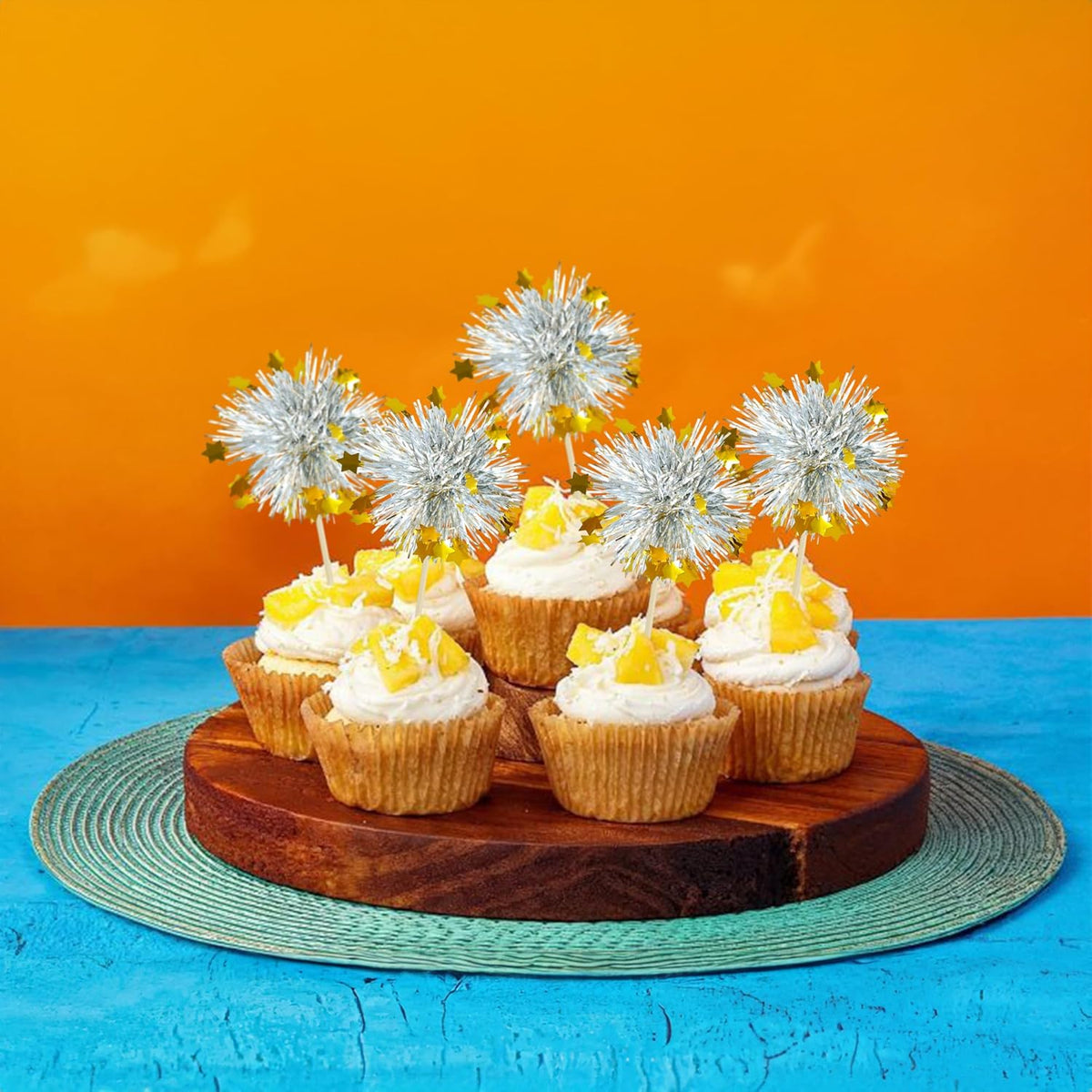 Ephlyn 30Pcs Foil Firework Cupcake Toppers Sparkle Tinsel Cupcake Picks Happy Birthday Cake