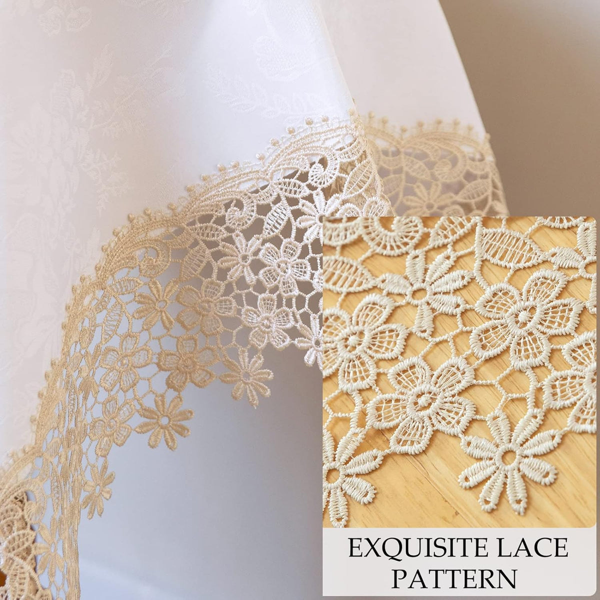 Beige lace Premium Square Farmhouse Tablecloth Waterproof OilProof SpillProof AntiShrink Soft