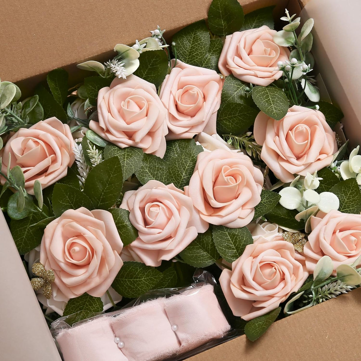 Wedding Aisle Decorations - Set of 10 Pew Flowers - Artificial Roses & Eucalyptus - Pink & Cream