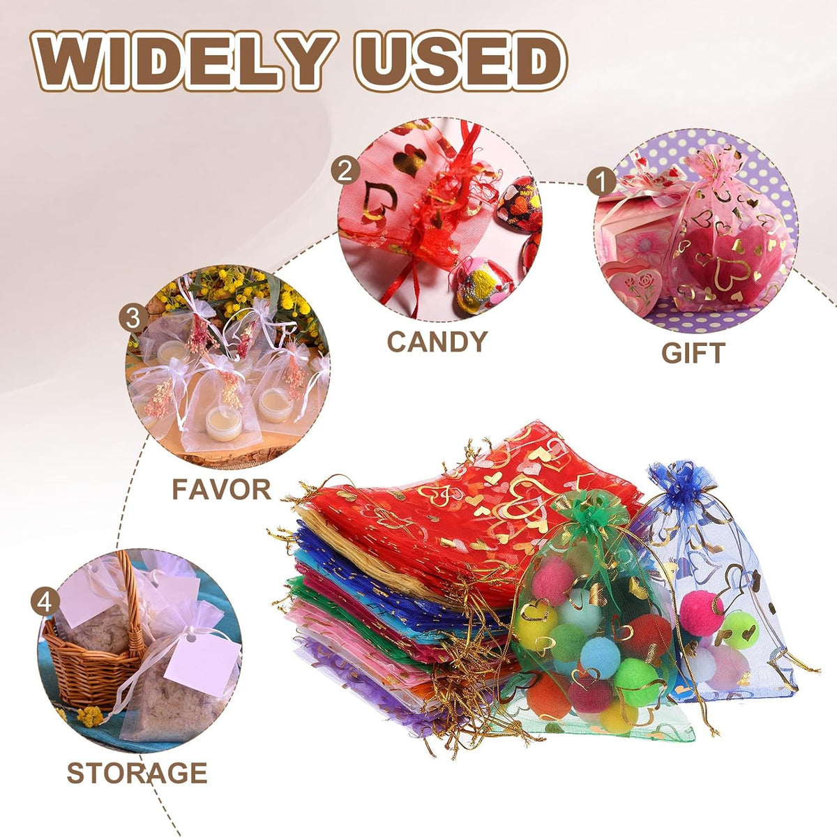 PATIKIL 50 Pcs 4x5 Inch Heart Printed Organza Bags, Red Sheer Heart Organza Bags with Drawstring