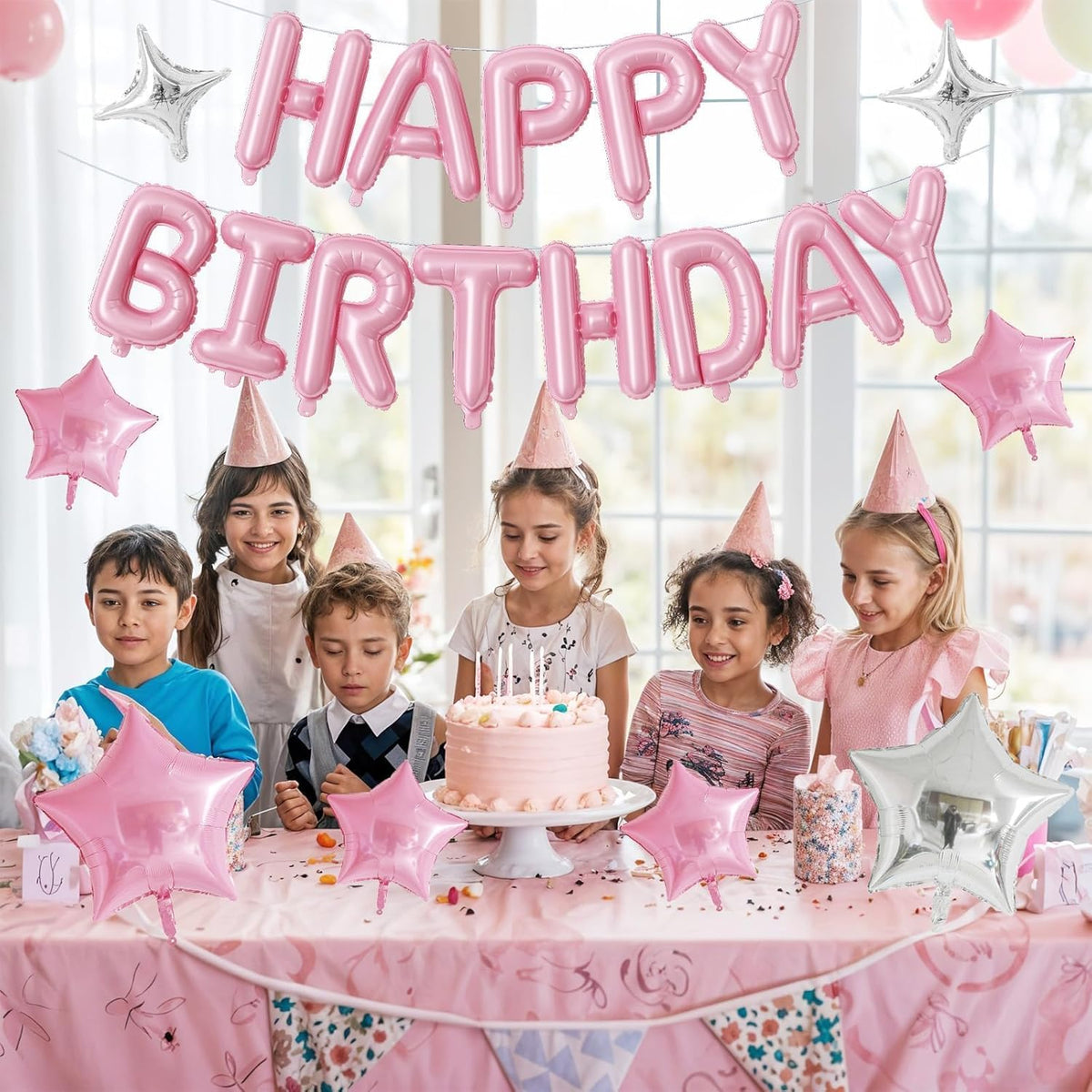 Happy Birthday Balloon Banner, 16 Inch Light Pink Mylar Foil Letter Balloons, Reusable Birthday