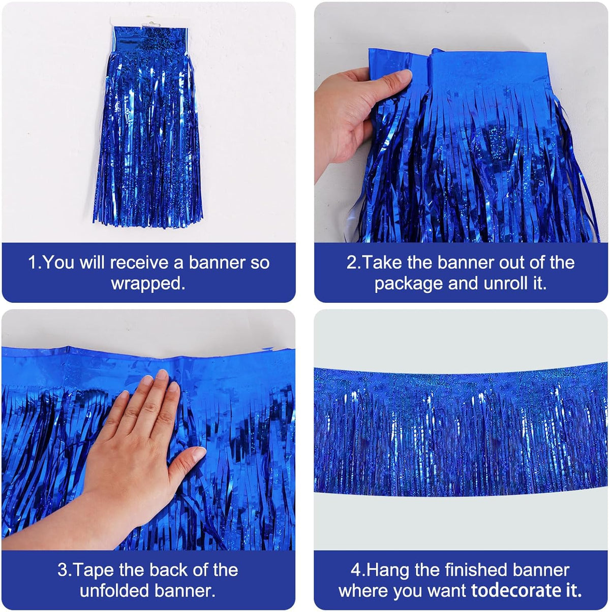 BEISHIDA 3 Packs Metallic Foil Fringe Garland Laser Blue Wall Hanging Tinsel Fringe Banners for Car