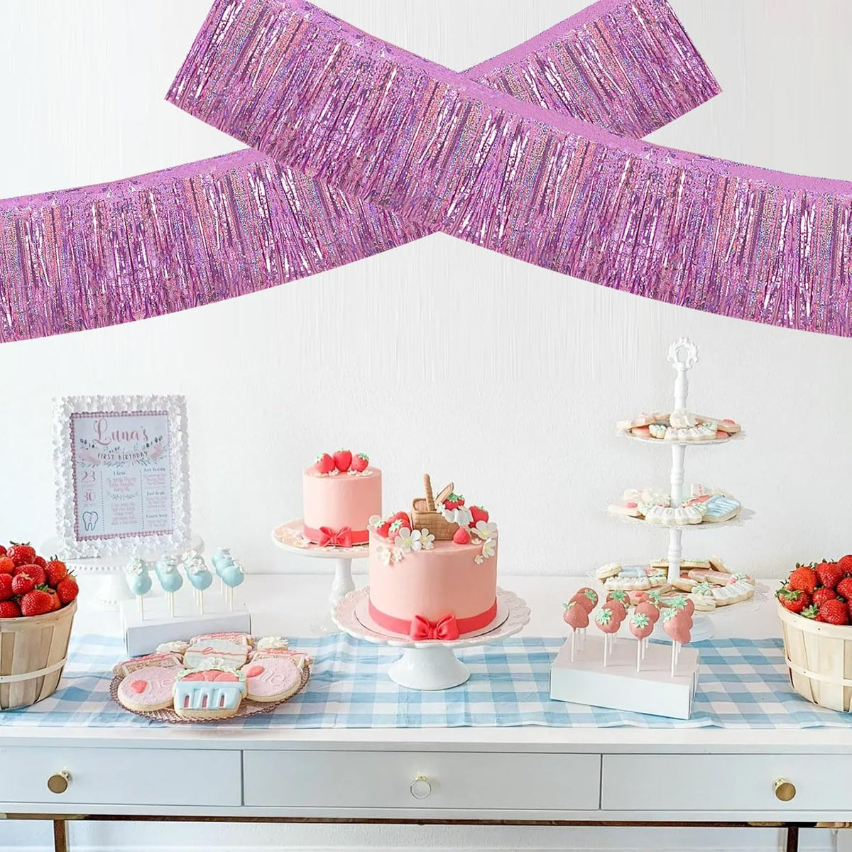 BEISHIDA 3 Packs Metallic Foil Fringe Garland Laser Light Pink Wall Hanging Tinsel Fringe Banners