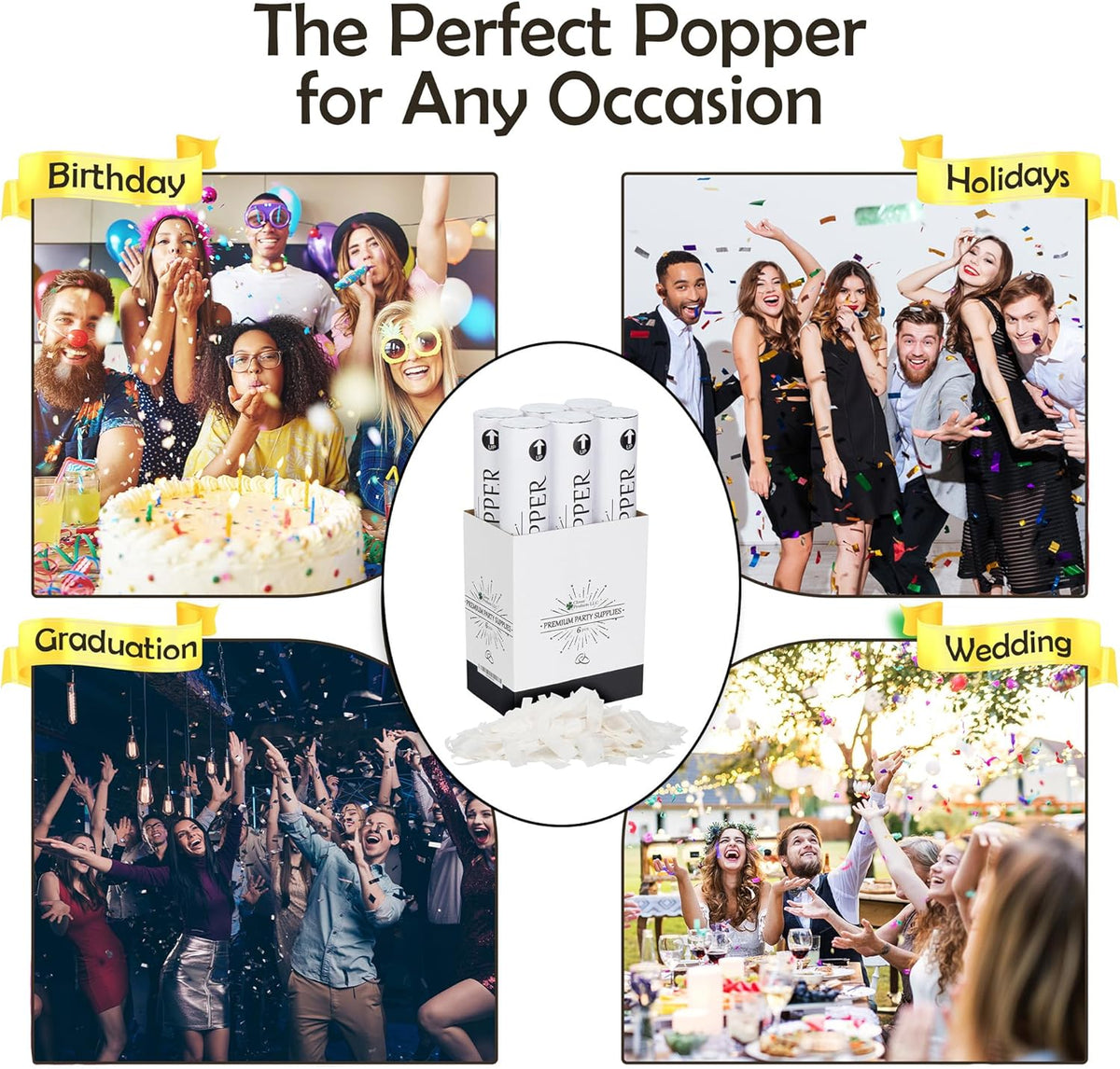 Clover Products 12" Biodegradable Confetti Cannons | 6 Pack | White Poppers for Weddings, Birthdays