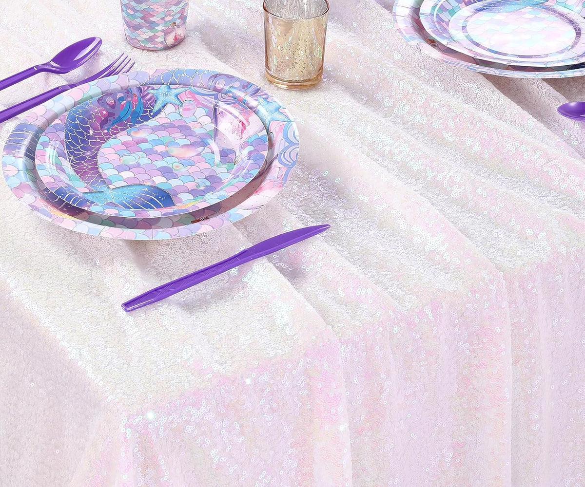 QueenDream Iridescent Mermaid Themed Party Decorations: 90x90 Inch Sequin Table Cloths White