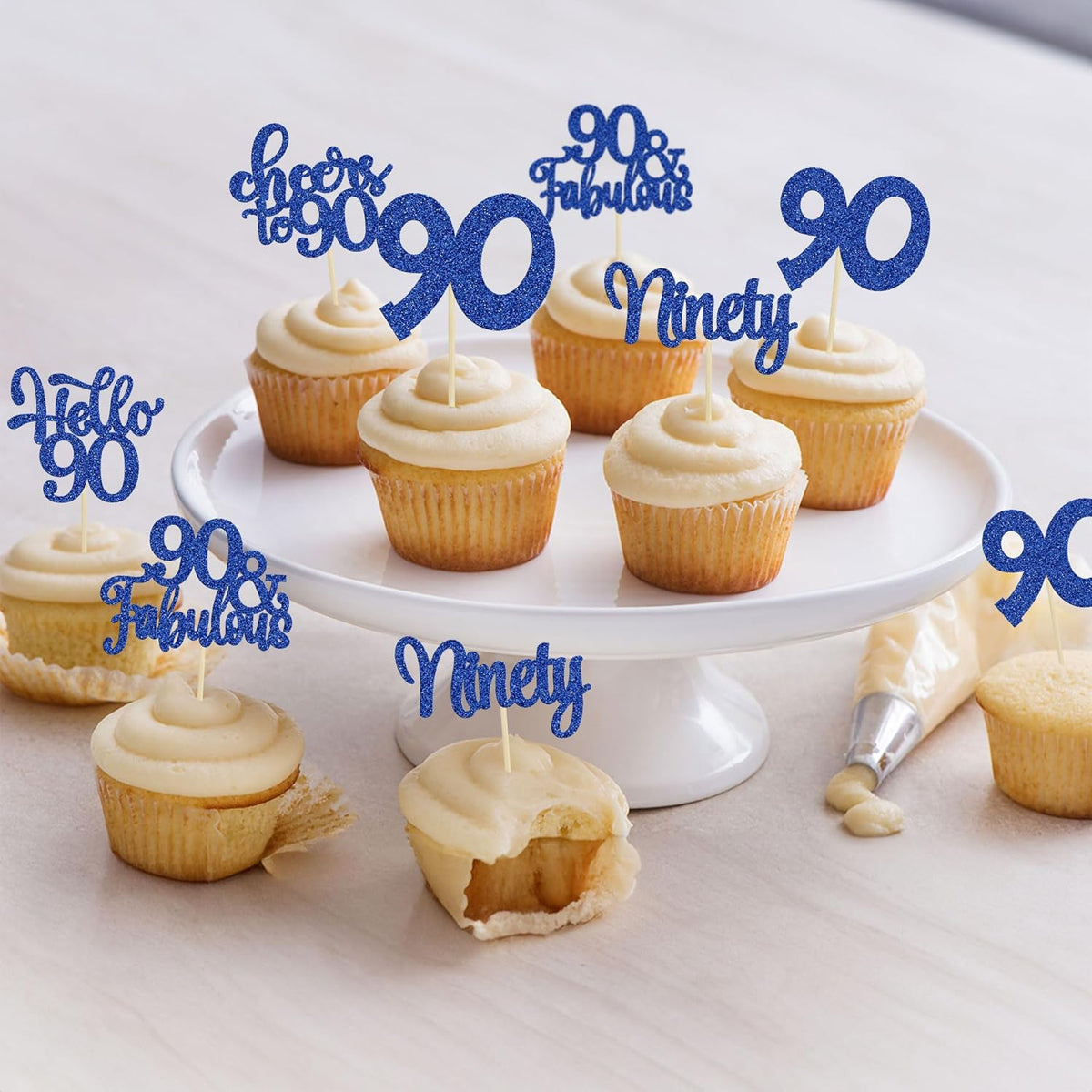 30pcs Happy 90th Birthday Cupcake Toppers - Deep Blue Glitter Ninety Cheers to 90 Years Old Cupcake